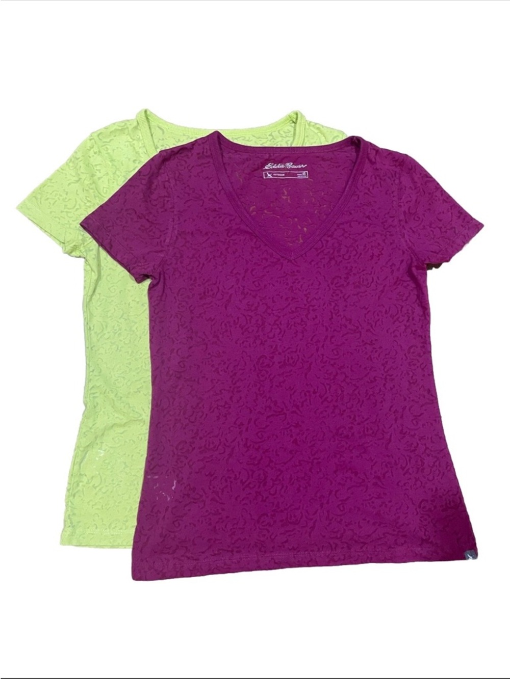 Women’s Eddie Bauer V-Neck Tee Pair - Magenta & Lime Green Lot of 2